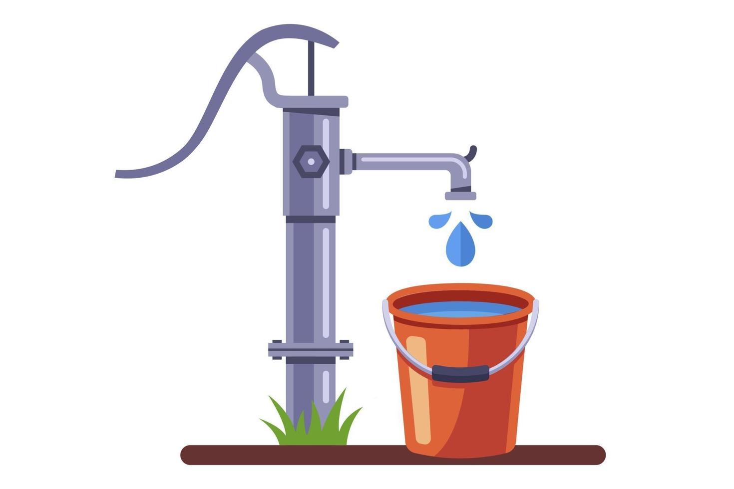pump a bucket of water from the well. rural water column. flat vector