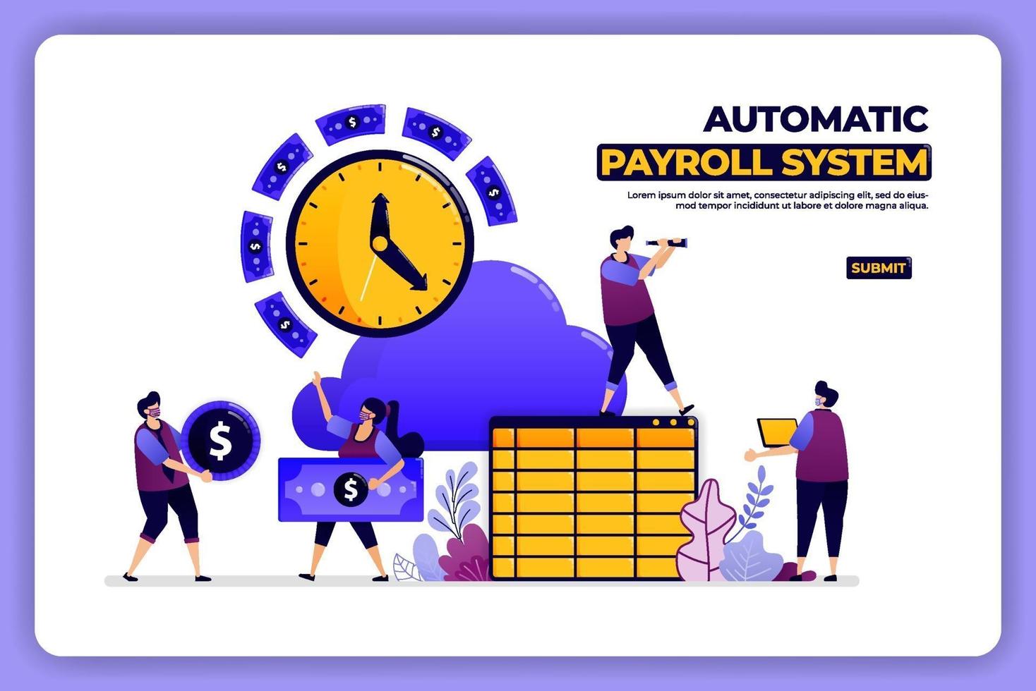 mobile page design of automatic payroll system. banking paycheck accounting system. designed for landing page, banner, website, web, poster, mobile apps, homepage, social media, flyer, brochure, ui ux vector