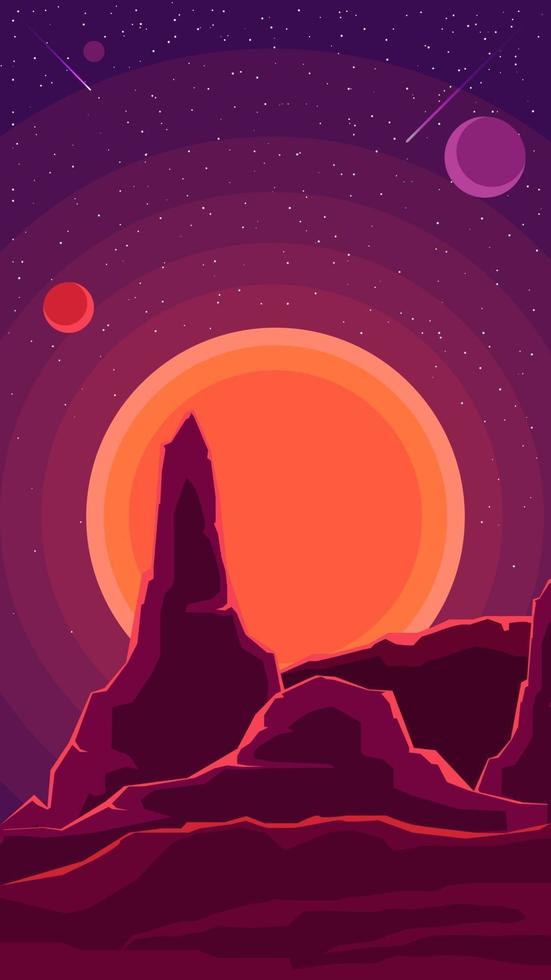 paisaje espacial con puesta de sol y un cielo estrellado en tonos morados, naturaleza en otro planeta. vector