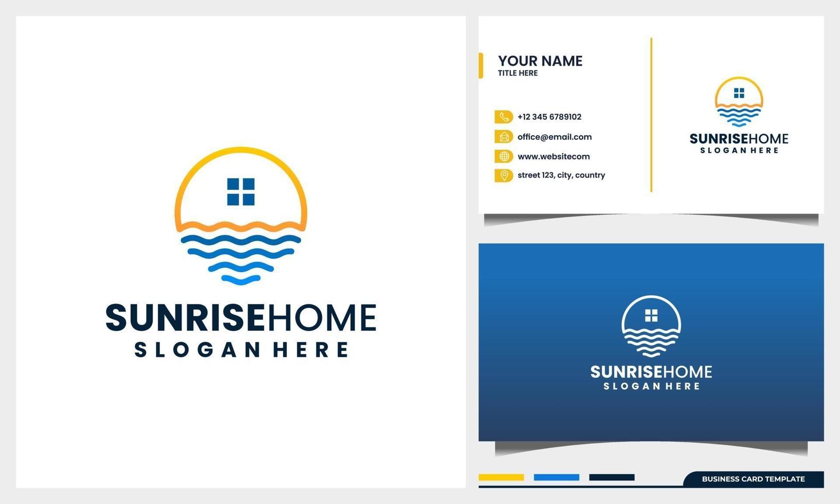 sunset, sunrise with home or house logo concept and business card template vector