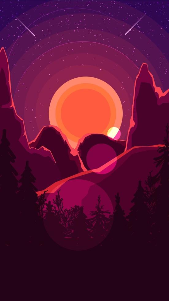 paisaje con puesta de sol detrás de las montañas, bosque y cielo estrellado en tonos morados. vector