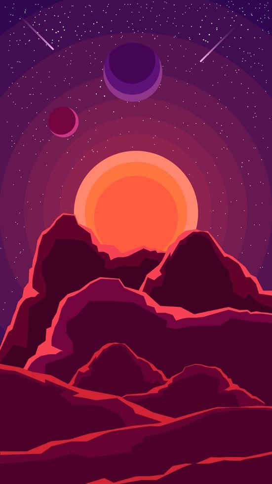 Space landscape with sunset, another planets and a starry sky in shades of purple, nature on another planet. Vector illustration.
