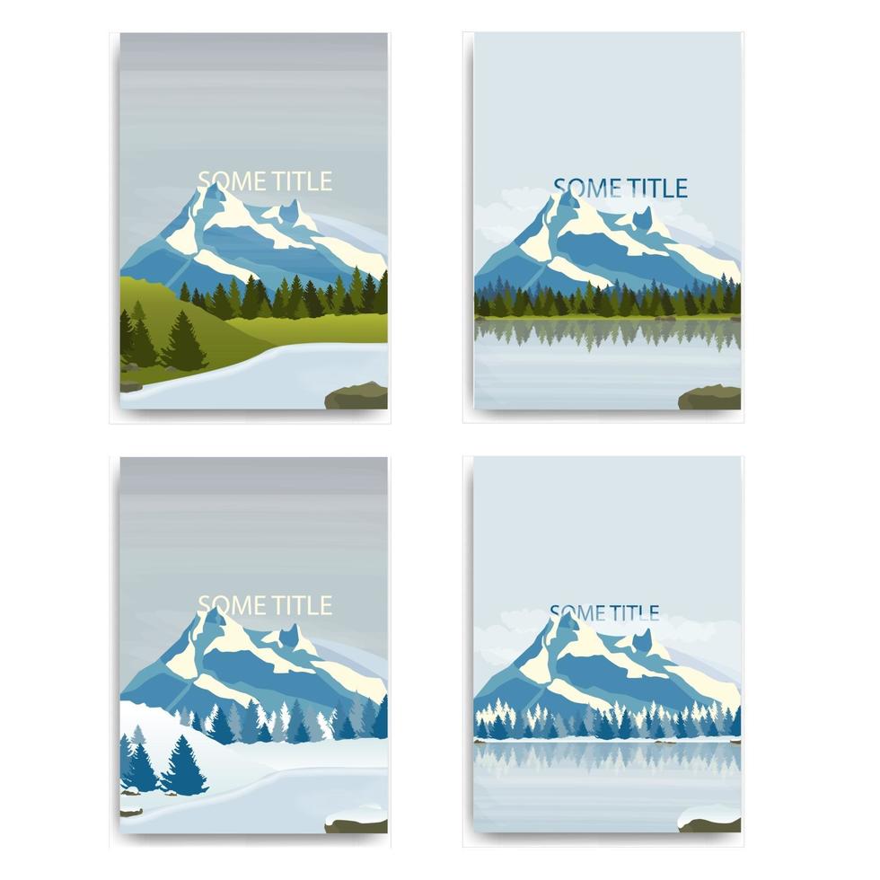 conjunto de paisajes vectoriales con montañas nevadas y lagos. diseño de cubiertas con paisajes de invierno y verano vector