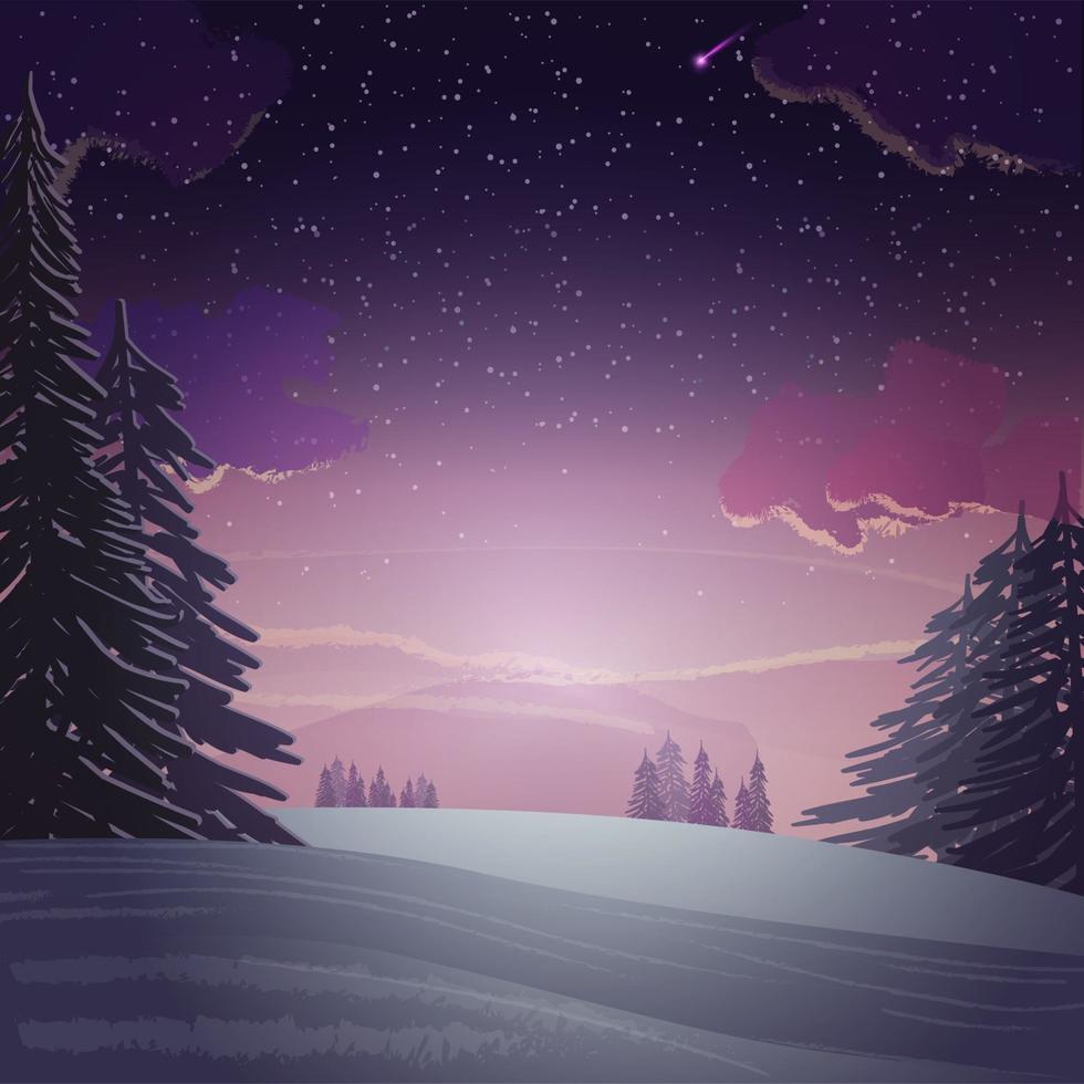 Sunset in winter pine forest, winter landscape. Snowy meadow with pines around on background with purple sunset vector