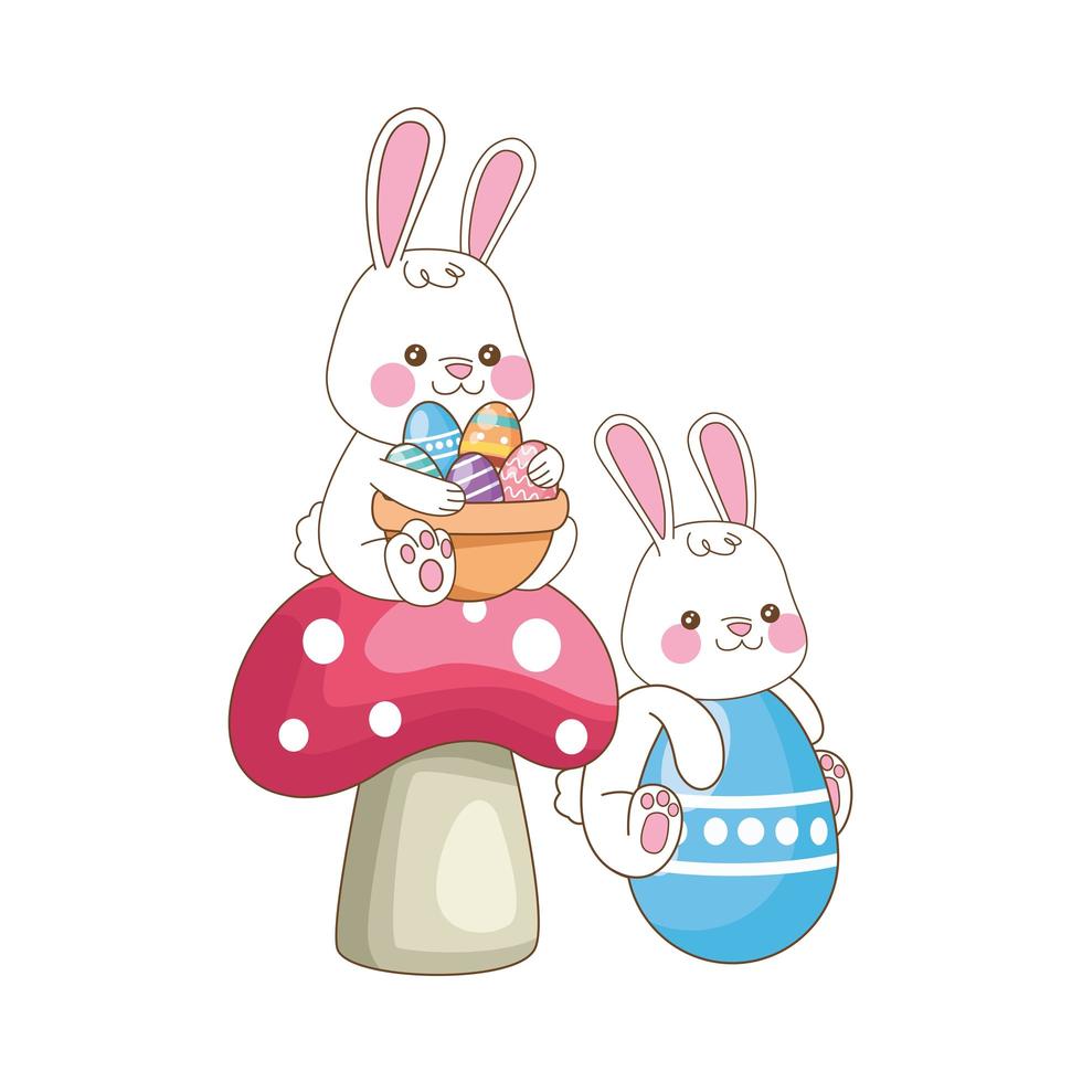 cute little rabbits with painted eggs on mushroom vector