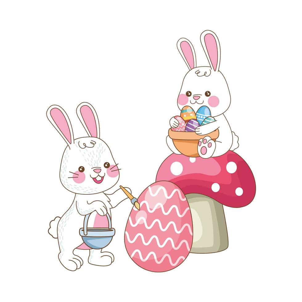 lindos conejitos con huevos pintados en setas vector