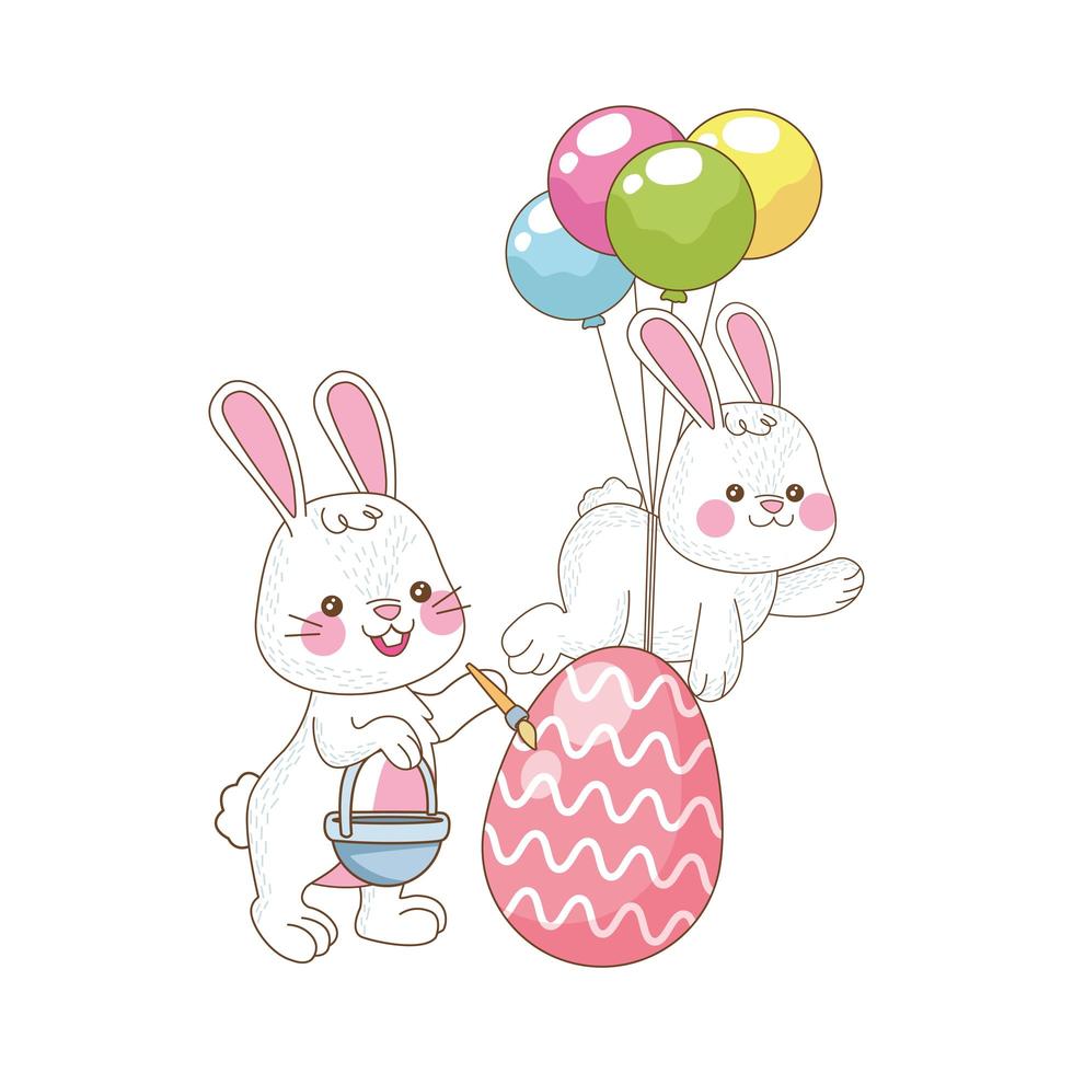 cute little rabbits with painted egg and helium balloons vector