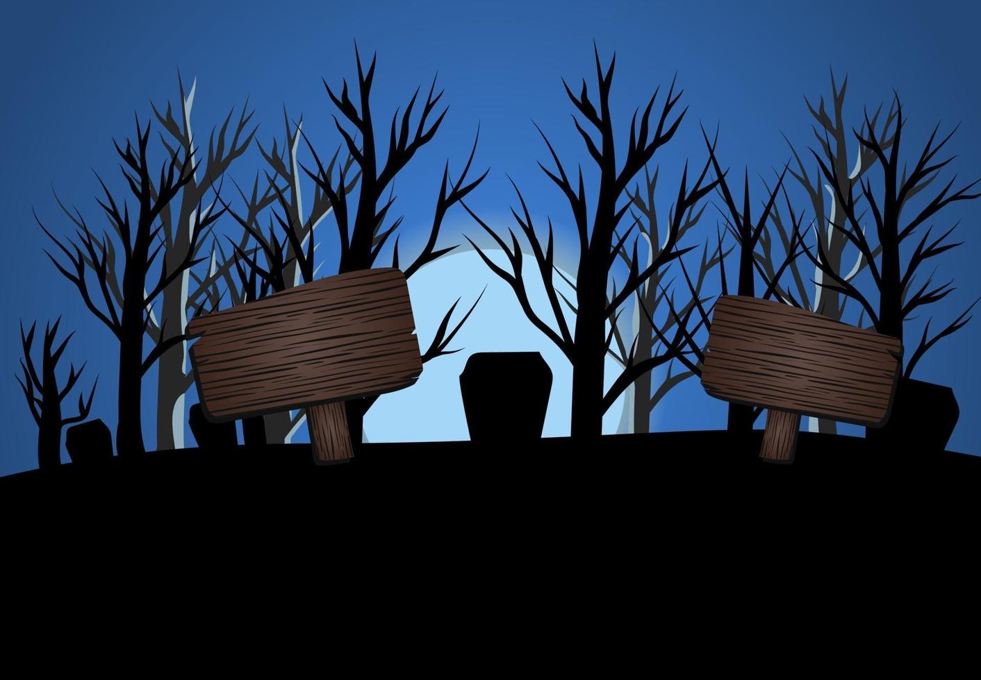 Halloween azul oscuro tres ilustración de vector de luz de luna, concepto de volante de banner, felices fiestas fondo de calabazas oscuras, plantilla de texto de mesa de madera