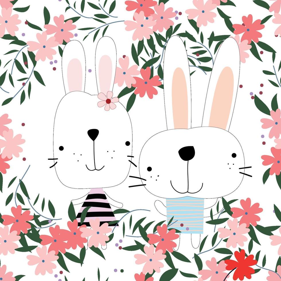 Cute rabbit bunny couple in flower garden seamless pattern vector