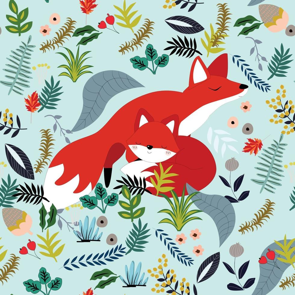 Cute baby fox and mom in flower seamless pattern vector