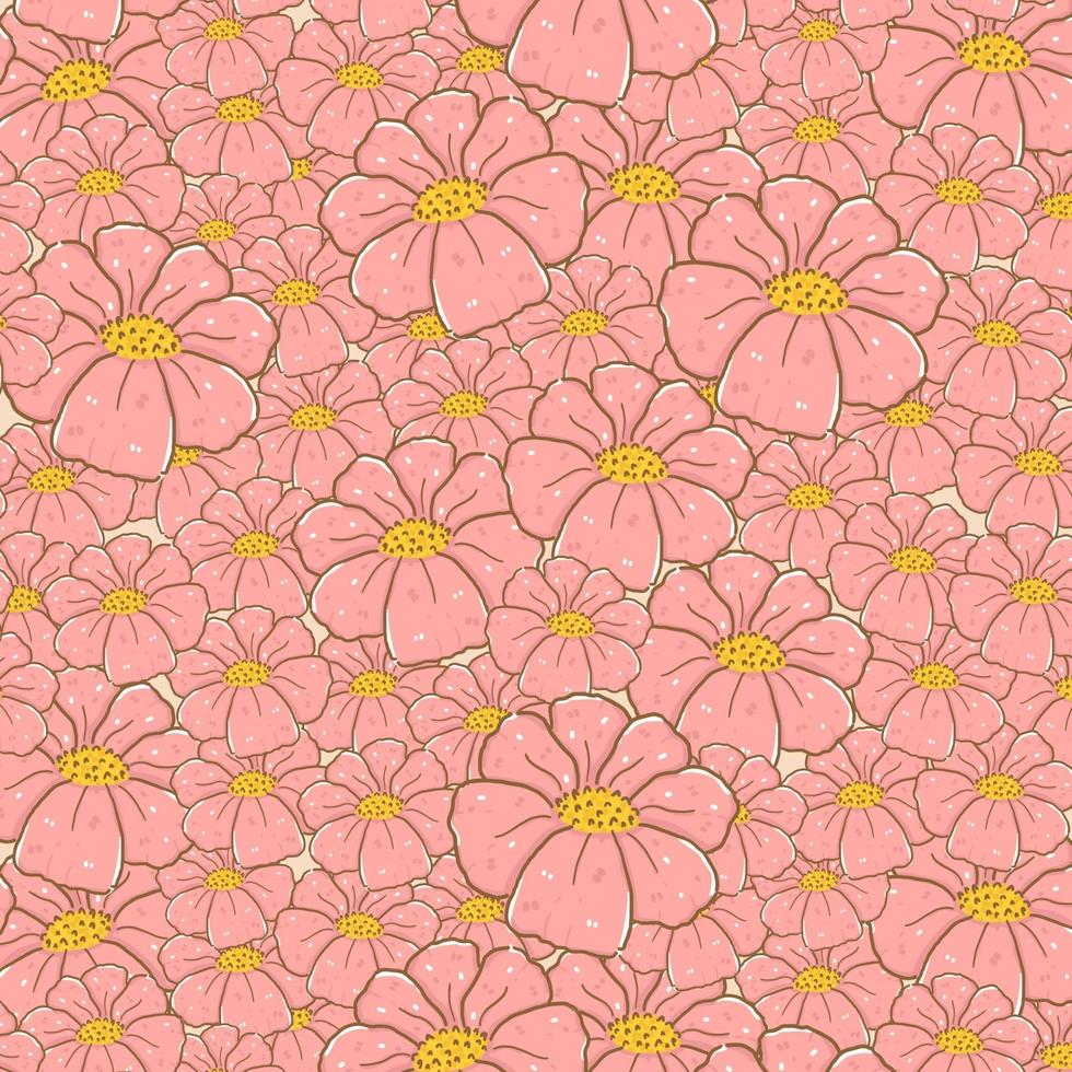 cute pink flowers doodle drawing pattern background vector