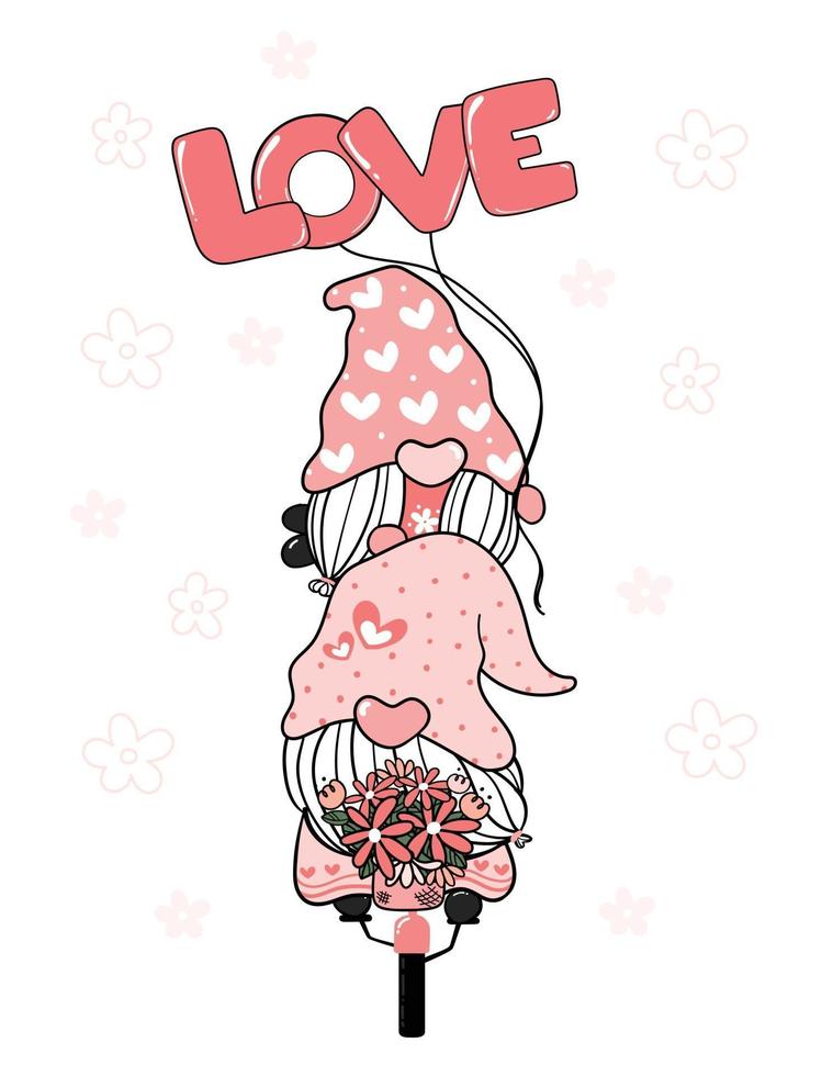 Two Valentine Romantic Gnome couple on pink bicycle LOVE clip art, Happy Love cartoon vector