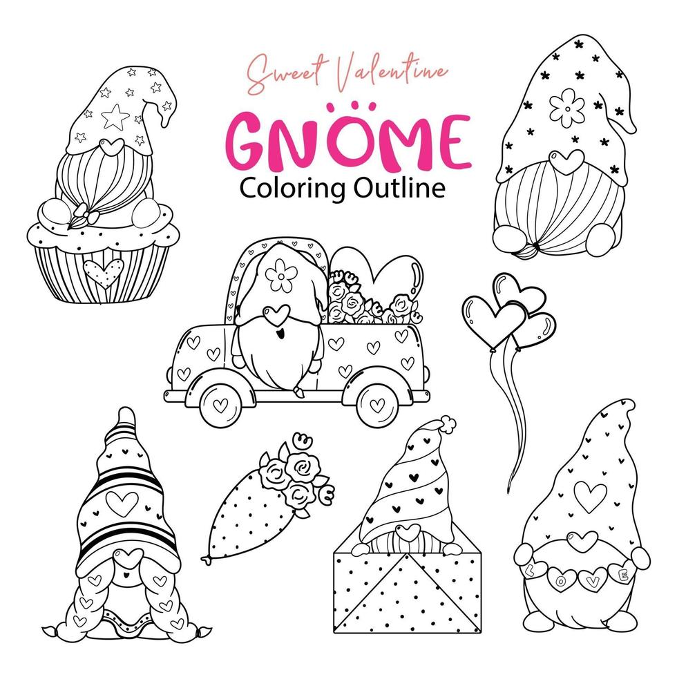 Cute Valentine Gnome coloring outline collection, Sweet valentine digital stamp set, Gnome cartoon doodle drawing set vector