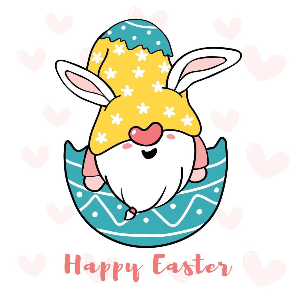 Cute Bunny Gnome in broken Easter Egg, Happy Easter cartoon doodle vector