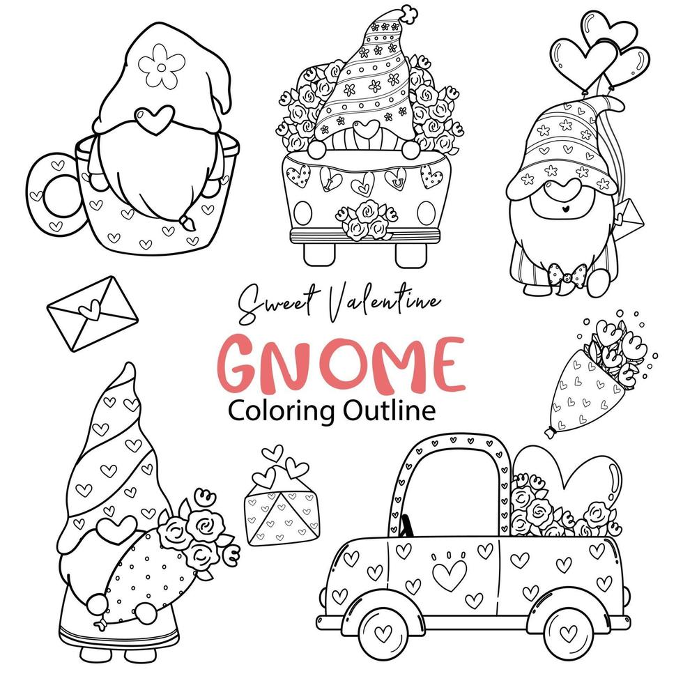 Cute Valentine Gnome coloring outline collection, Sweet valentine digital stamp set, Gnome cartoon doodle drawing set vector