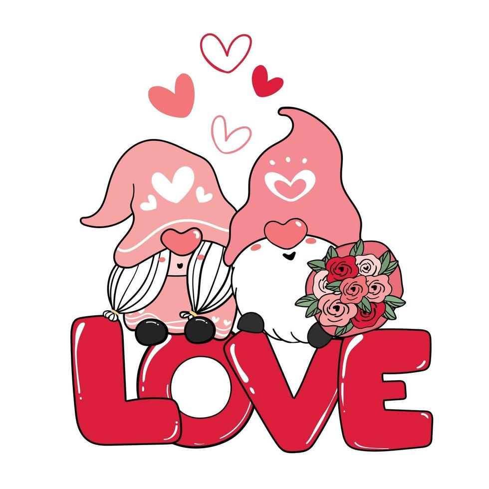 pareja de gnomos románticos de San Valentín en imágenes prediseñadas de carta de amor roja, vector de dibujos animados de amor feliz