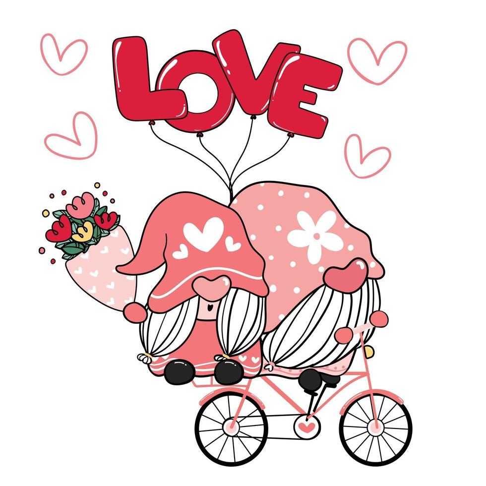 pareja de gnomos románticos de San Valentín en imágenes prediseñadas de bicicleta de amor rosa, vector de dibujos animados de amor feliz