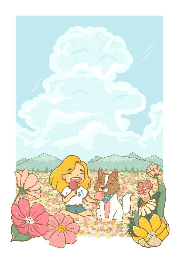 Feliz verano niña y perro con helado en campo de flores con cielo nuboso y montaña en segundo plano. vector