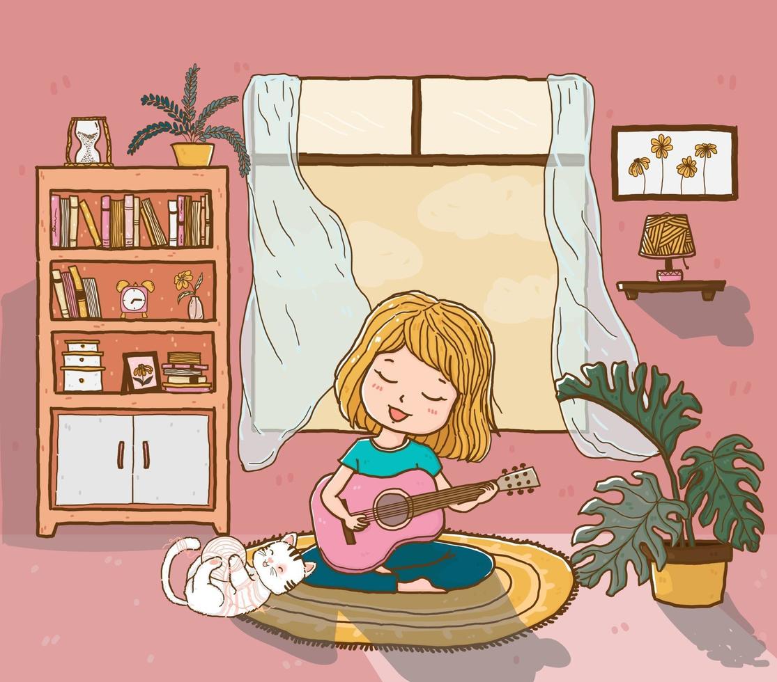 Linda niña feliz toca la guitarra con un gato esponjoso juguetón en la sala de estar iluminada por el sol, dibujo de contorno doodle vector plano