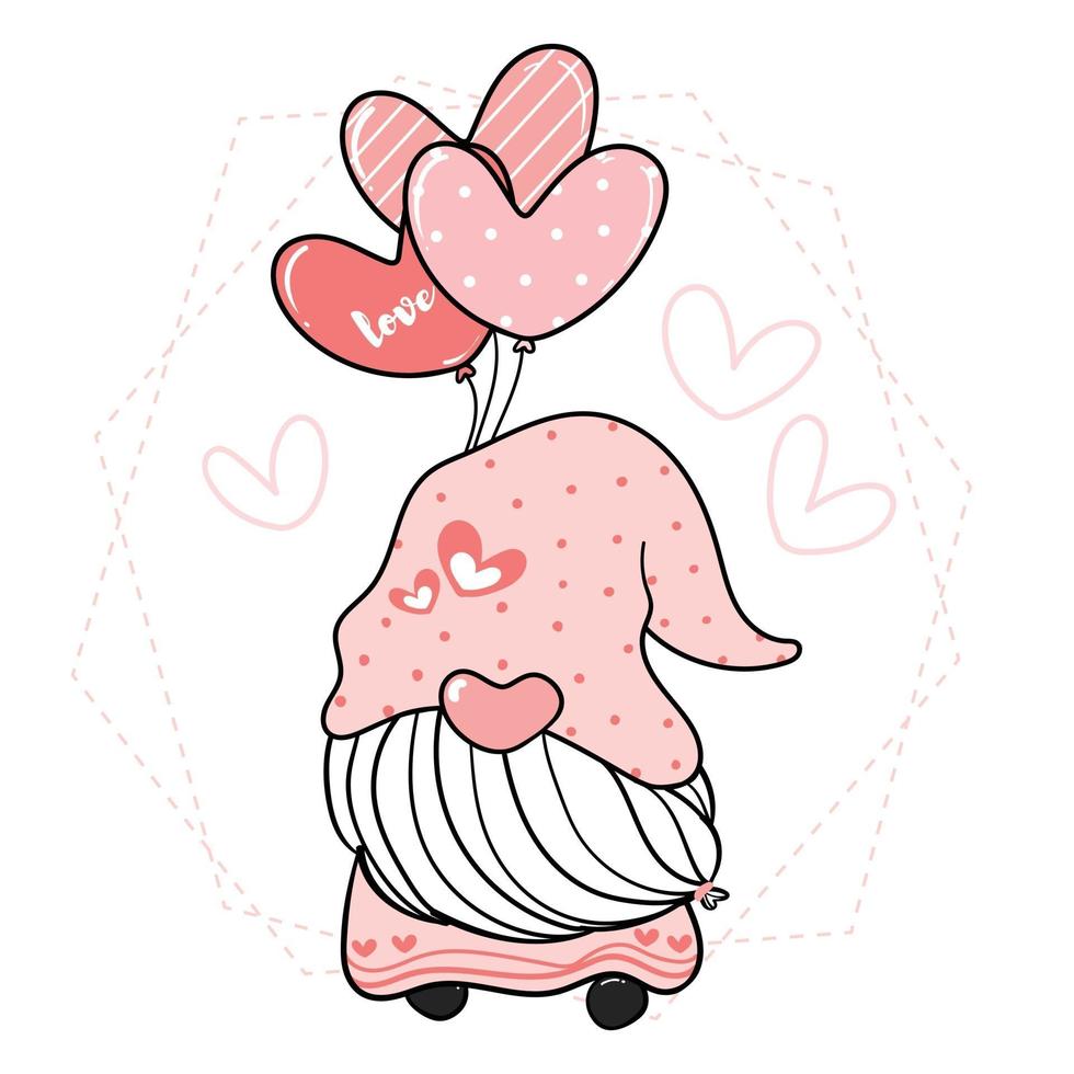lindo gnomo rosa con globos de corazón vector