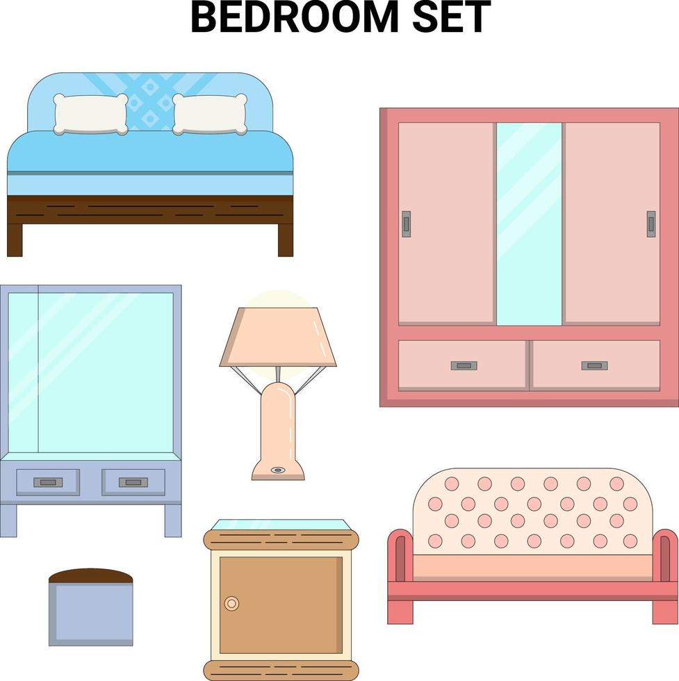 Juego de dormitorio de línea plana en colores pastel perfectos para proyectos de diseño vector