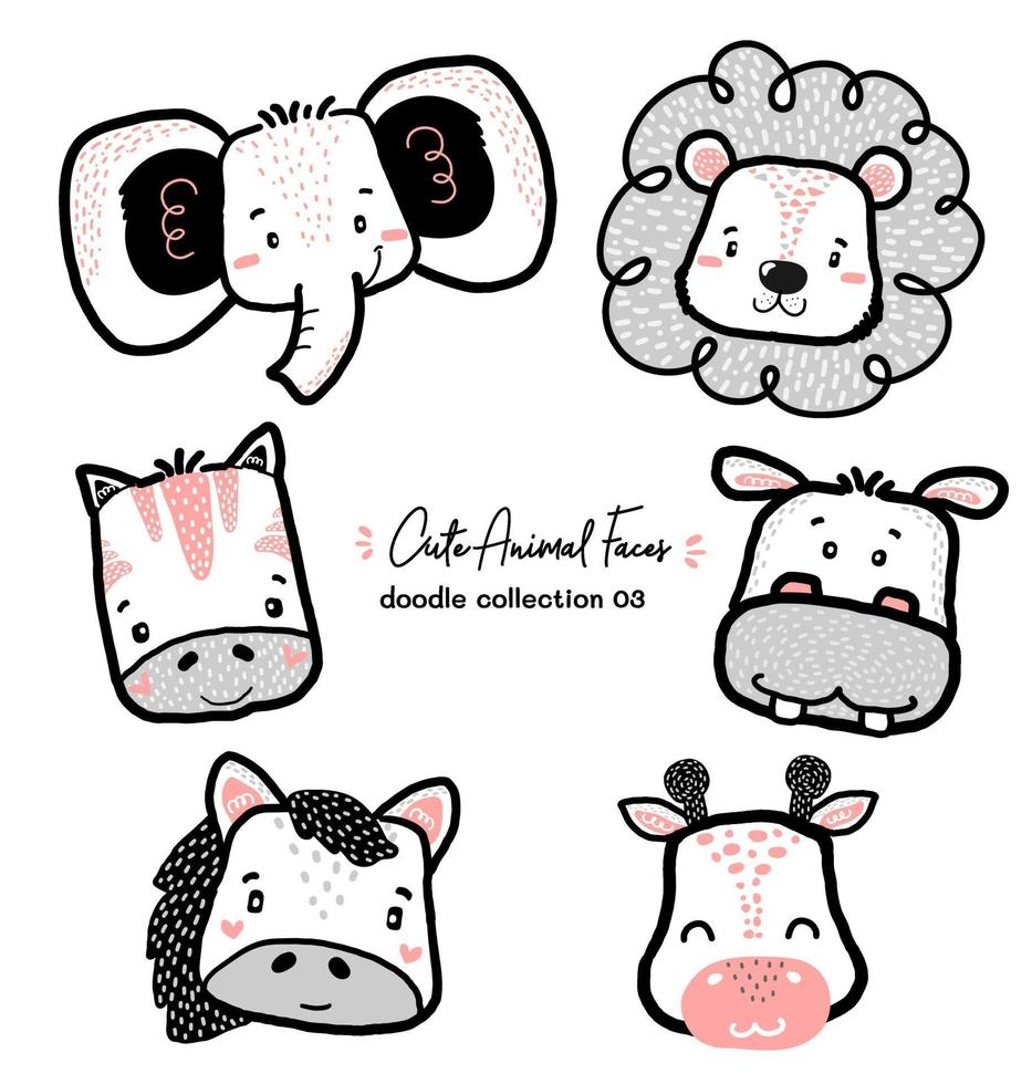 cute doodle wild animal face set, nursery kid outline drawing, horse, zebra, elephant, lion, giraffe, hippo vector