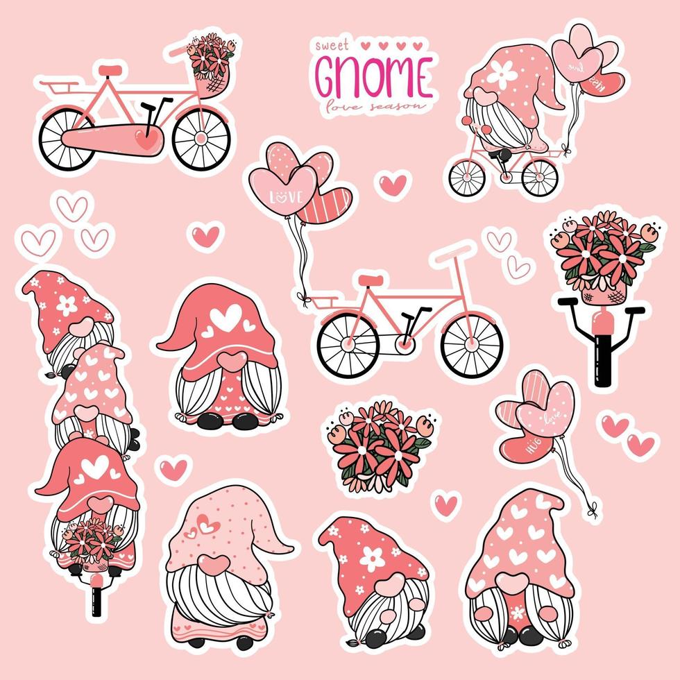 lindo gnomo de san valentín dulce colección de amor rosa, juego de pegatinas imprimibles de gnomo en bicicleta. vector