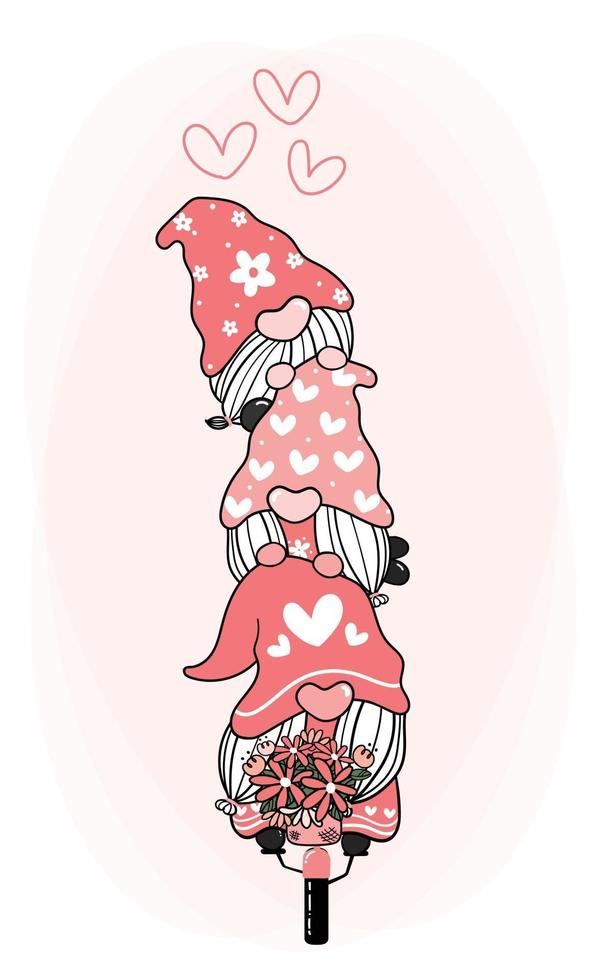 lindo, dulce, feliz, gnomo, en, flor, bicicleta, con, corazón, amor, valentine, gnome, caricatura, vector, para, camiseta, estampado, tarjeta, saludo vector