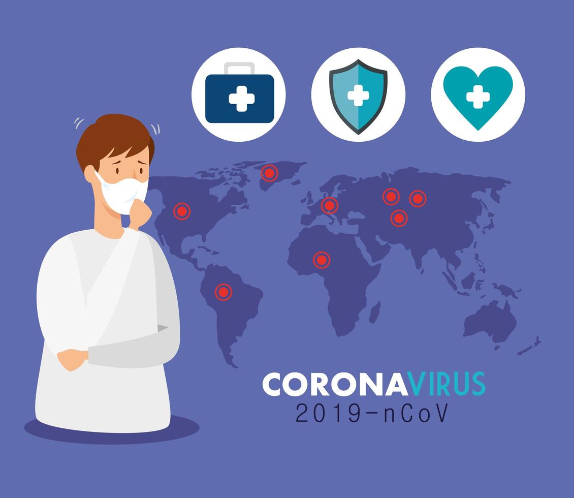 man with covid 19 disease and icons vector