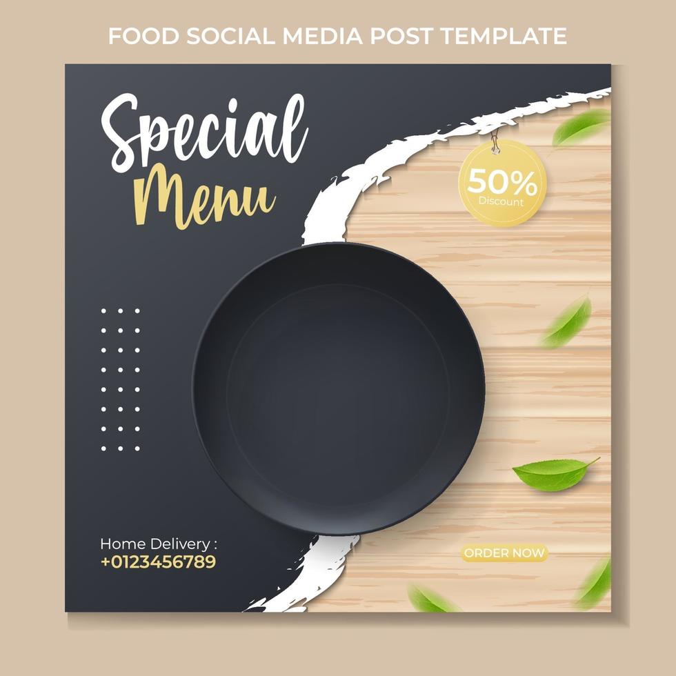 food banner ads template with realistic black plate vector