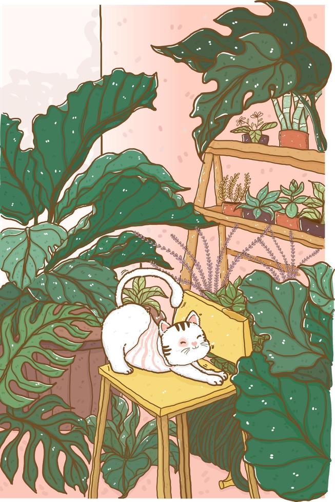 lindo garabato gato blanco esponjoso en medio de hojas tropicales árboles bosque en la habitación, idea para impresión de arte de pared, guardería, niño, impresión de cosas para niños, carrito de felicitación vector