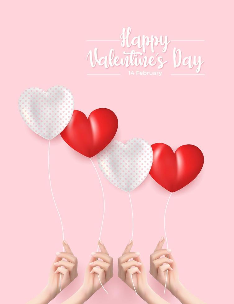 valentines day banner. realistic vector illustration of a hand holding balloons