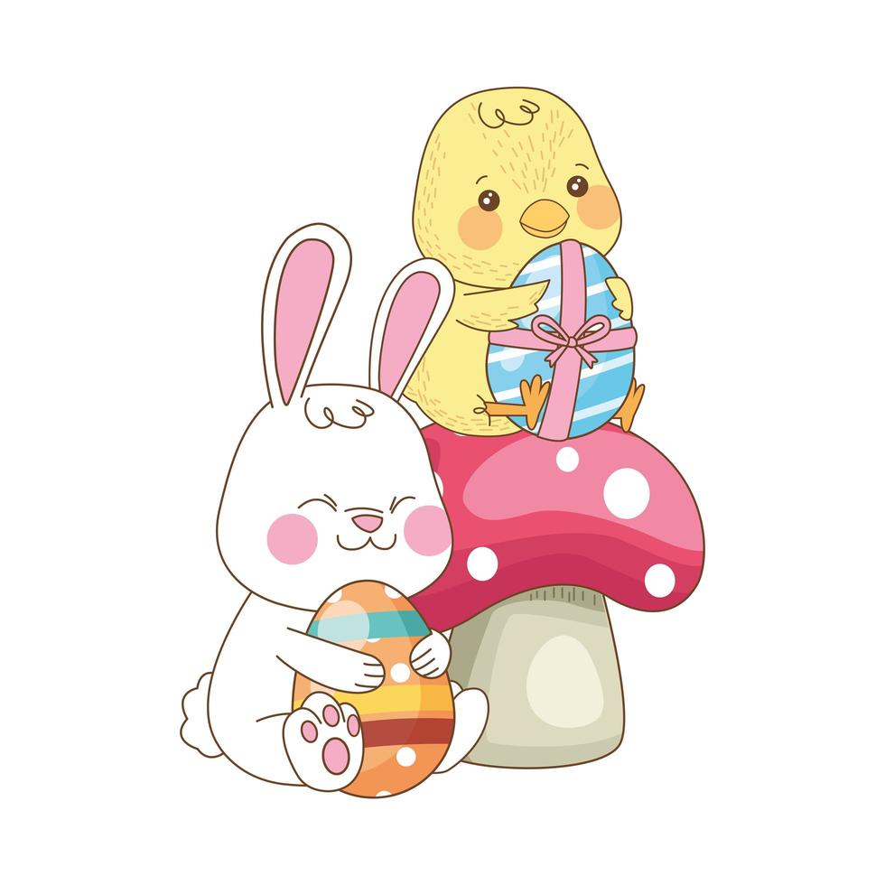 little rabbit and chick with painted eggs on mushroom vector