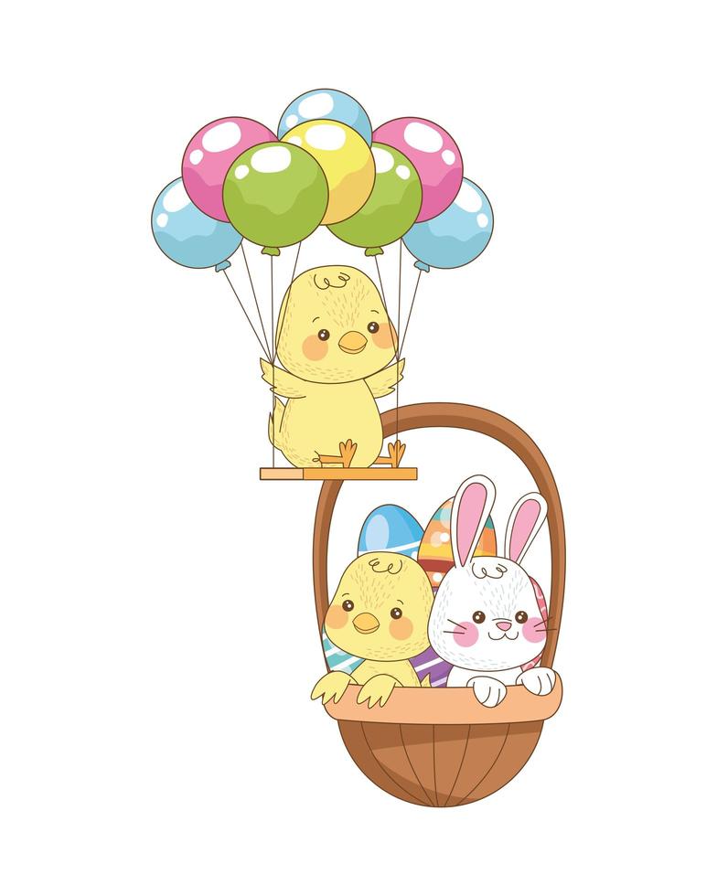 conejito y pollito con globos de helio, personajes de pascua vector