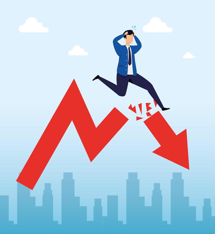 caída del mercado de valores con el empresario y la flecha hacia abajo vector