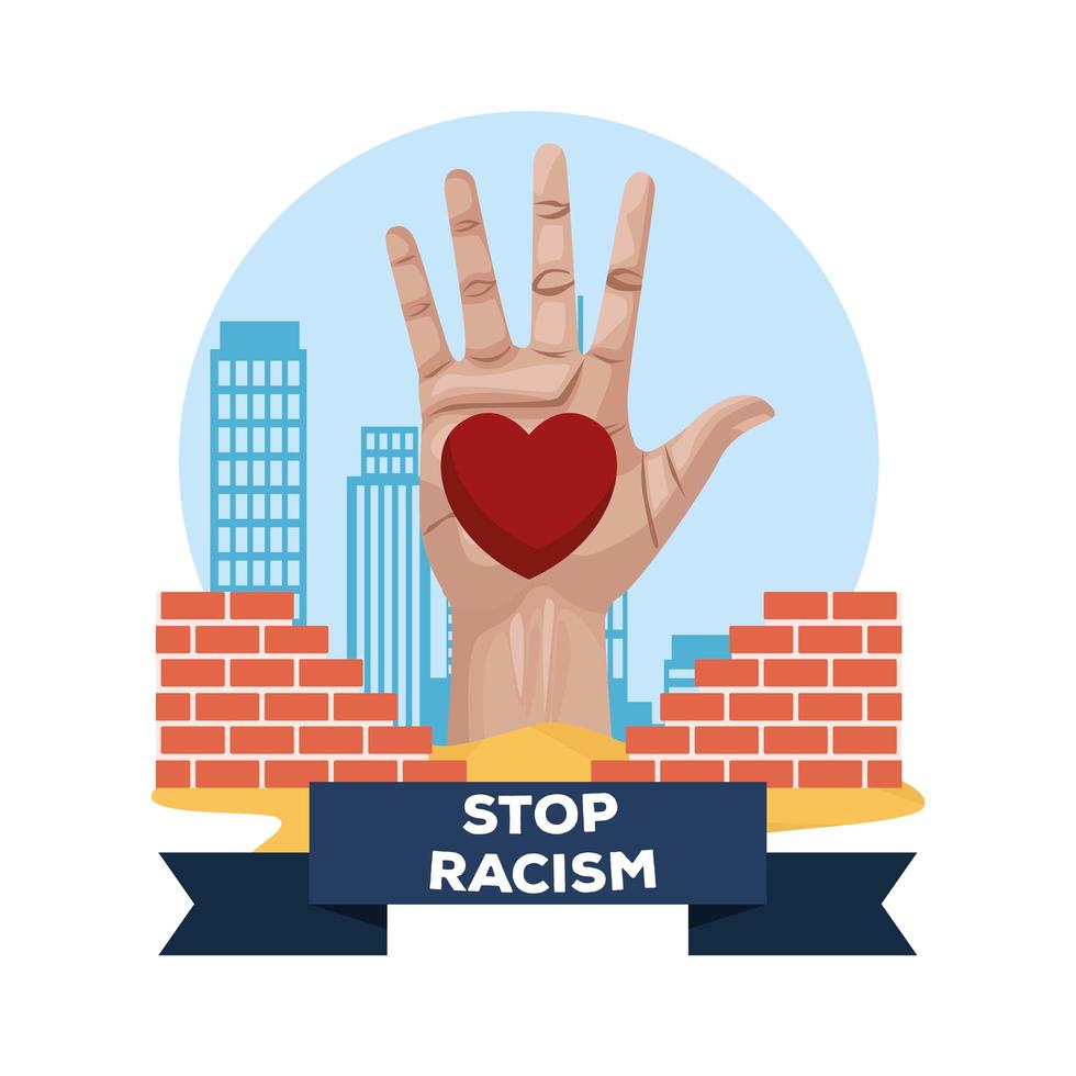 raised open hand with heart, stop racism campaign vector