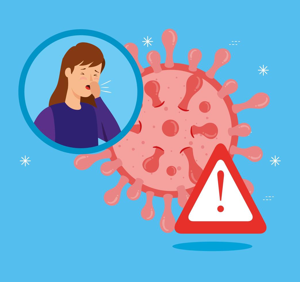 woman sick with covid 19 and alert sign vector
