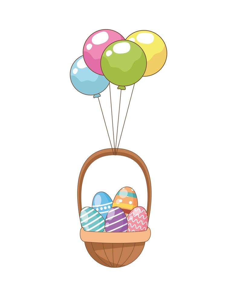 painted easter eggs in basket with helium balloons vector