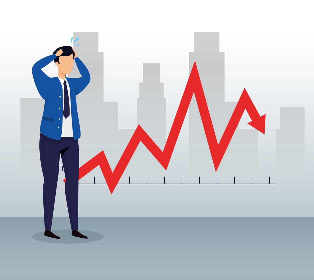 stock market crash with businessman and arrow down vector