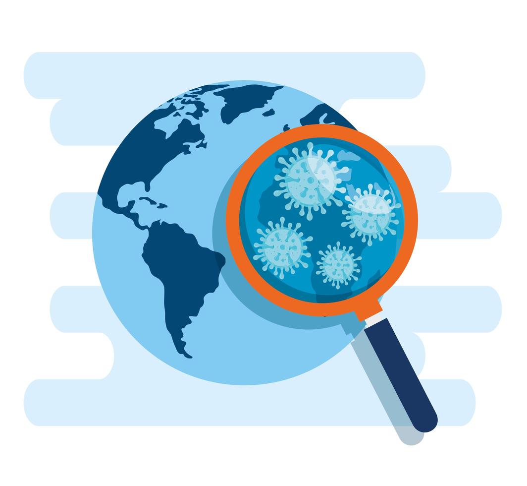 planeta mundial con covid 19 en lupa vector