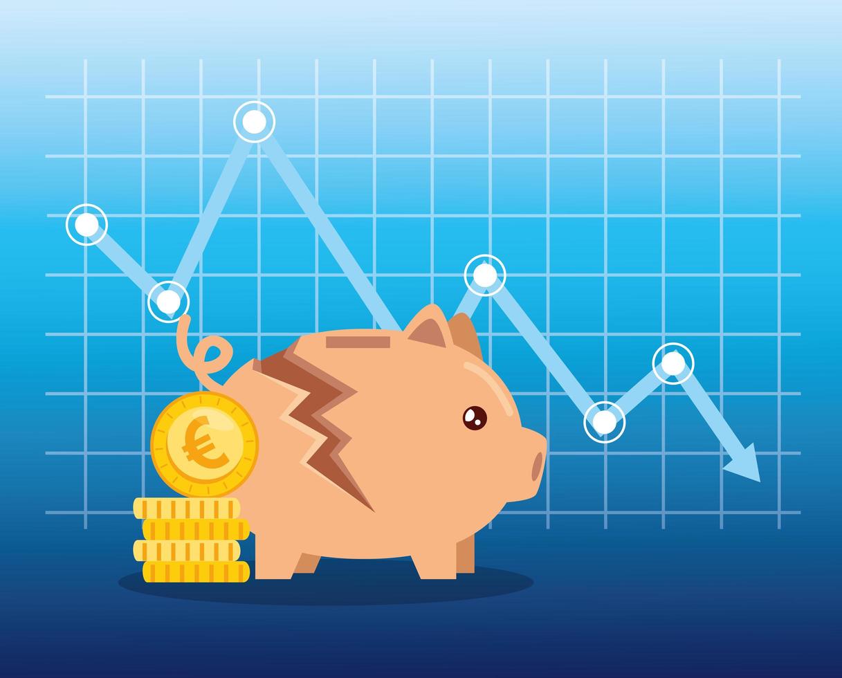 stock market crash with piggy bank and icons vector