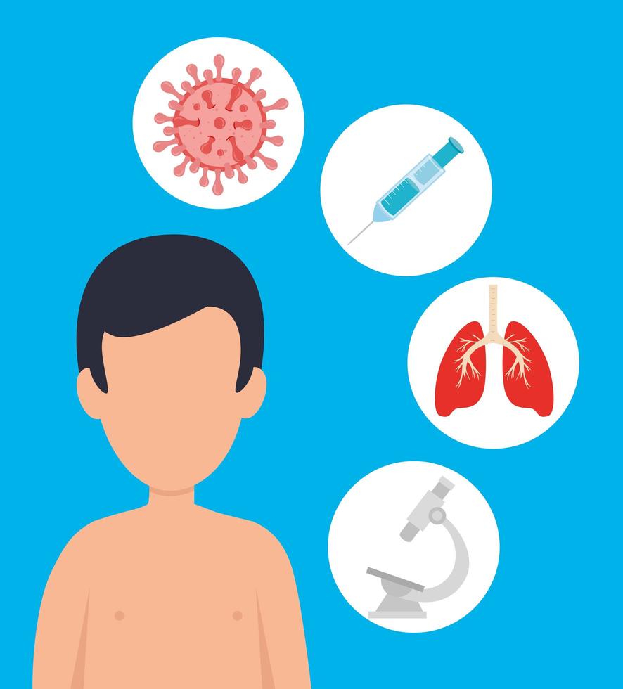 man with covid 19 disease and icons vector