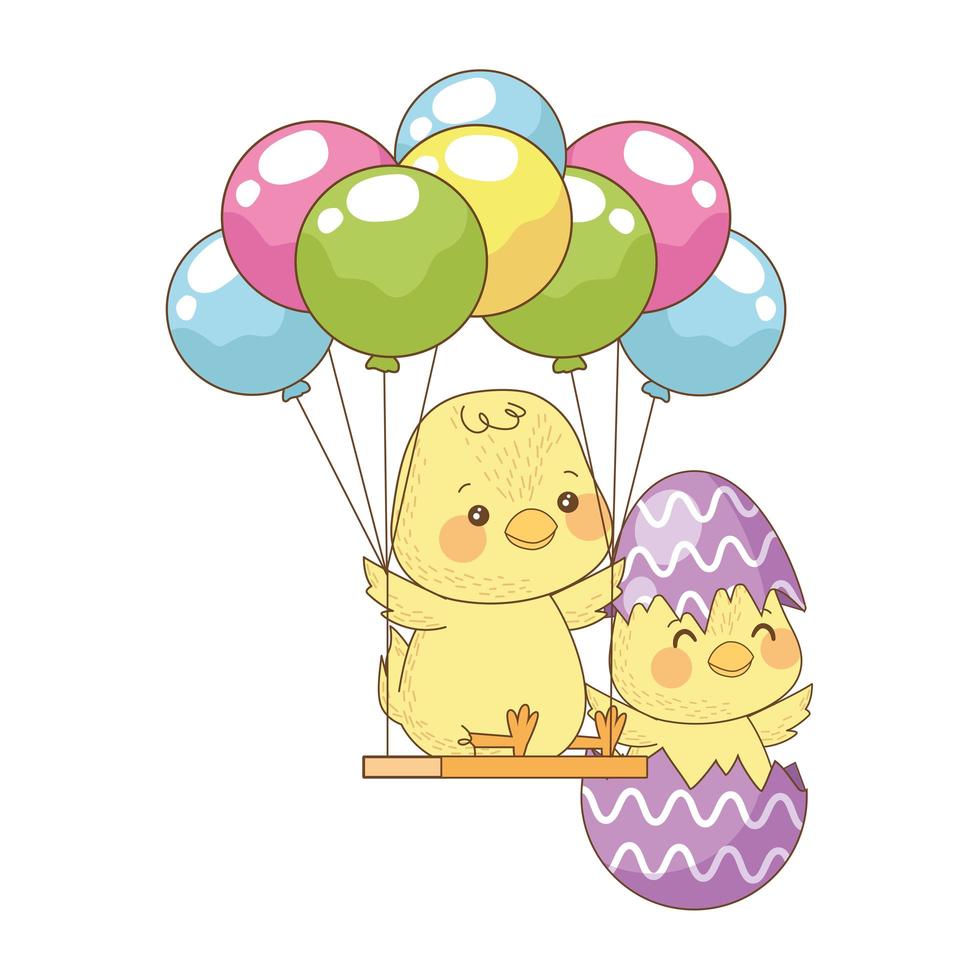 cute little chicks in painted eggshell with helium balloons vector