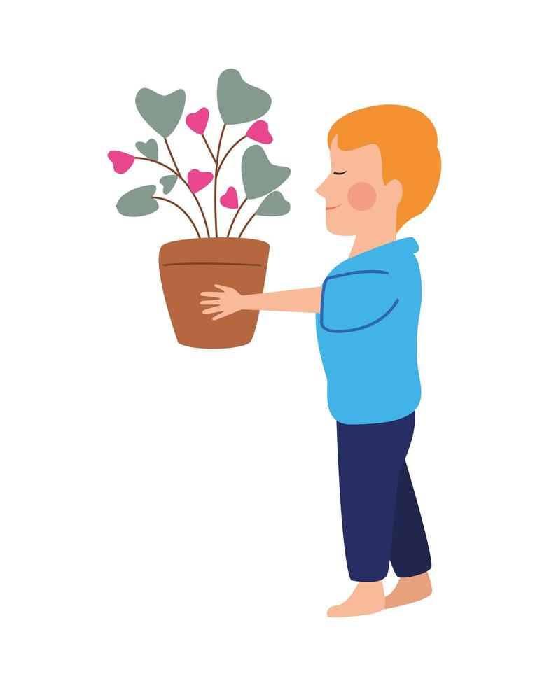 happy little boy lifting houseplant vector