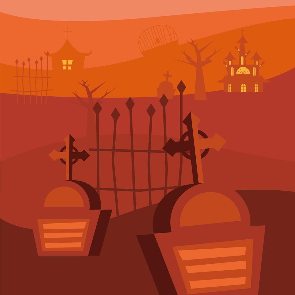 Halloween cemetery in front of haunted houses vector design