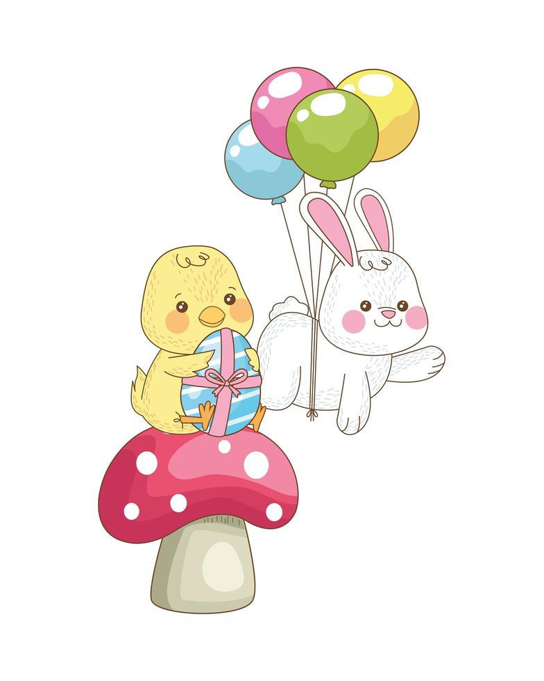 little rabbit and chick with helium balloons, easter characters vector