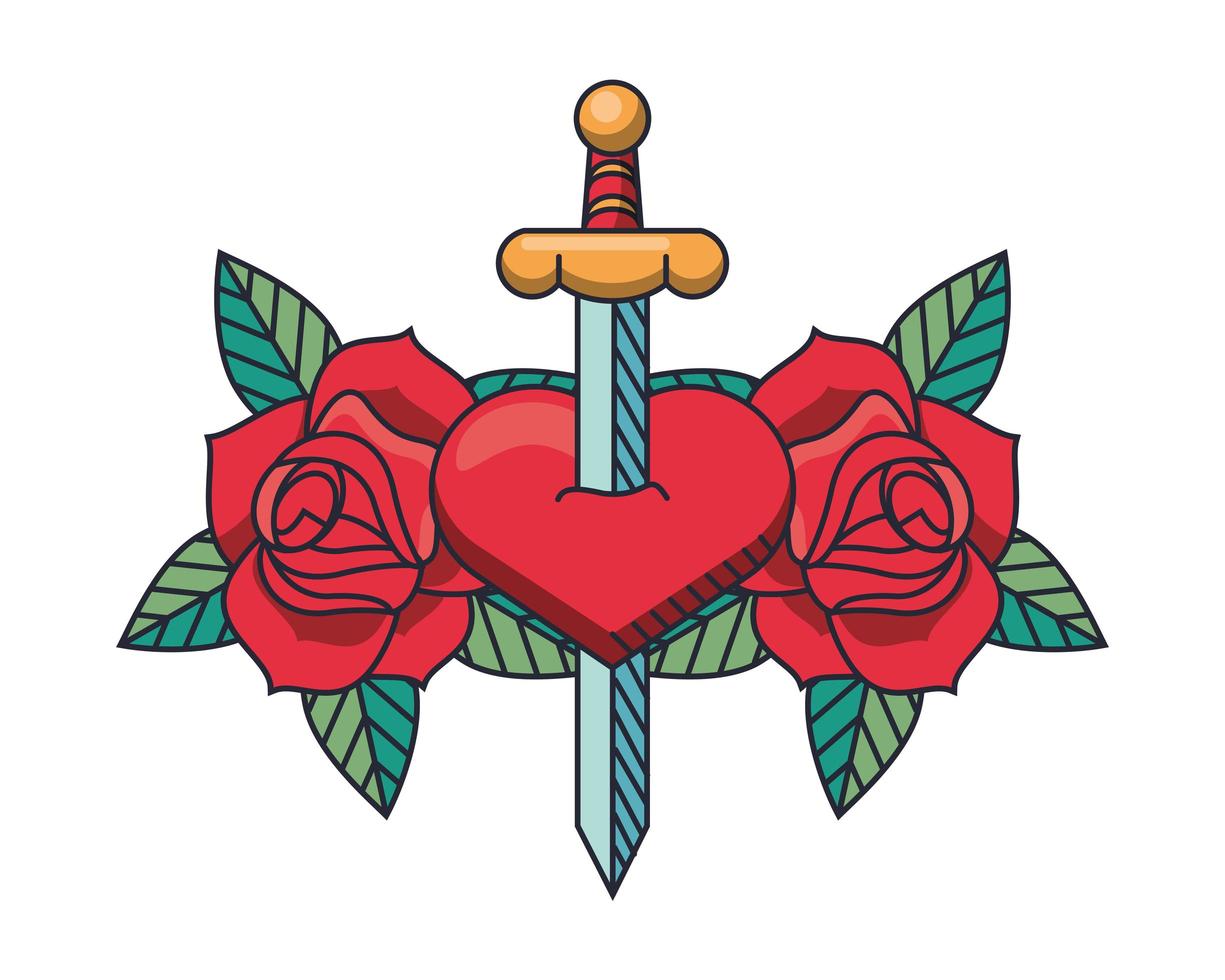 corazón con espada y rosas para el día de san valentín vector