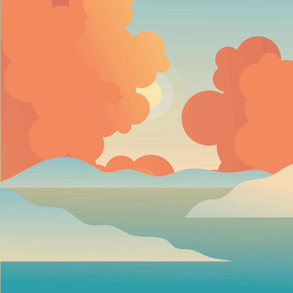 sun and orange clouds over sea background vector