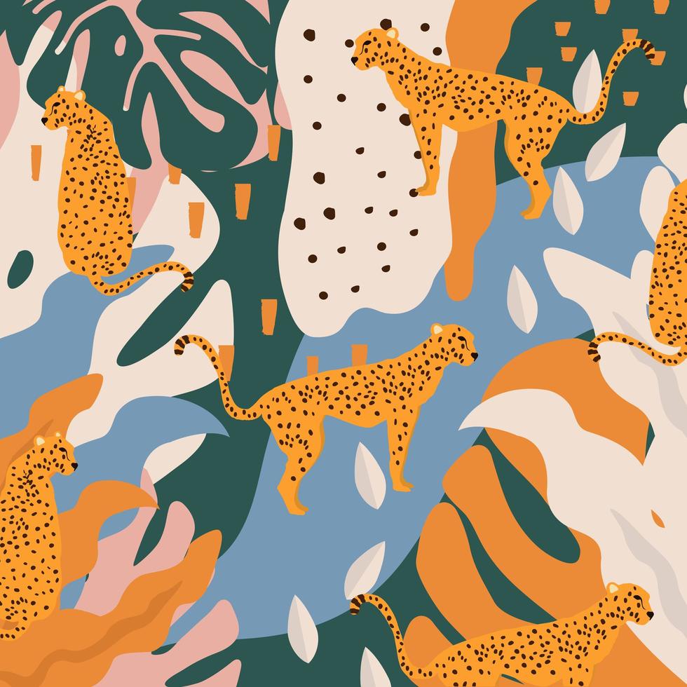 Leopards and tropical leaves poster background vector illustration. Trendy wildlife pattern