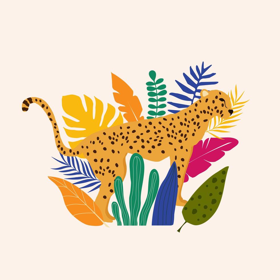 Leopard and tropical leaves poster background vector illustration. Trendy wildlife pattern